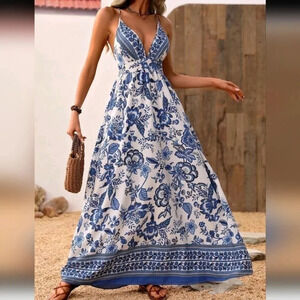 Flower Print Halter Neck Backless Dress